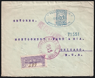 1913 (10 Jun) Republic of Colombia, Registered Commercial Cover via New York (United States) to Chicago (United States), franked with 5c and 10c, with Blue and Violet Commercialandstamp's