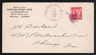 1931 (14 Feb) United States, Cover from Sumava Resorts, Newton County (USA) to Chicago (USA), canceled by with 2 with violet 'Heart' Handstamp, Return to 'Postage Stamp Club' Chicago, Illinois