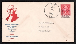 1932 (14 Jun) United States, Cover '200th Anniversary of the Birth of George Washington, the First President of the United States of America' from Edgewood (USA) to Cohoes (USA), franked with 2c, with Black Handstamp