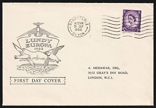 1962 (26 Sept) 'Europa' Local First Day Cover from Lundy Isle to London (Great Britain), franked with 3d Great Britain and the complete set of Lundy on the backside
