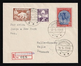 1946 (10 May) Greenland, Registered Airmail Cover from Julianehab (Qaqortoq, Greenland) via Airmail by Plane New York (USA) to Vejle (Denmark), with Registered Number '018', franked with 10Ø, 1kr, 15Ø