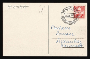 1948 (1 Aug) Greenland, Danish Expedition to Peary Land, Postcard from Peary Land (Greenland) to Denmark franked with 15Ø