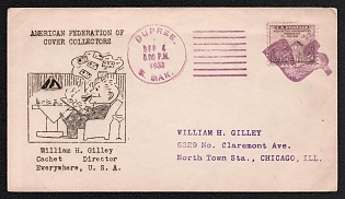 1933 (4 Sep) United States, Souvenir Cover 'American Federation of Cover Collectors' from Dupree (USA) to Chicago (USA), with Cachet 'William H. Gilley, Cachet Director' franked with 3c, with Violet Handstamp