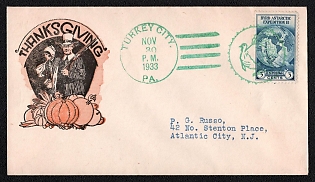 1933 (30 Nov) United States, 'Thanksgiving' Cover from Turkey City (USA) to Atlantic City (USA), franked with 3c, with Green 'Turkey' Handstamp