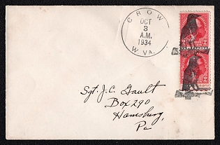 1934 (3 Oct) United States, Cover from Crow (USA) to Harrisburg (USA), franked with two 2c, with Black 'Crow' Handstamp