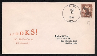 1934 (31 Oct) United States, 'Spooks! It’s Hallowe’en in Ed, Kentucky!' Hallowen Cover from Ed (USA) to San Bernardino (USA), franked with 1 1/2c, with Black 'Witch' Handstamp