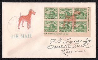 1937 (10 Sep) United States, Airmail Cover from Boulder (USA) to Overland Park (USA), franked with a block of six 1c, with Red-Brown 'Dog' Handstamp