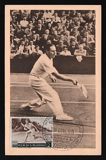 1955 (28 Jun) `International Olympic Stamp Exhibition`, San Marino, Airmail Postcard from San Marino to Paris (France), franked with 2l