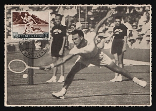 1953 (25 Jul) `Australian International Tennis Championships in Melbourne, Kooyong Lawn Tennis Club`, San Marino, Souvenir Postcard 'Davis Cup' from San Marino to Algiers (People's Democratic Republic of Algeria), 500-numbered issue № 012, franked with 2l