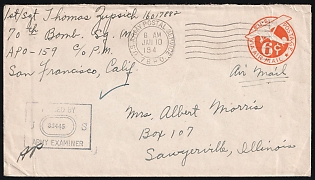 1944 (10 Jan) 6c United States, WWII Postal Stationery Censored Military Airmail Cover from A. P. O. 159 located in San Francisco (United States) to Sawyerville (Illinois, United States)
