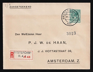 1931 (31 Jan) Netherlands, Registered Cover locally addressed in Amsterdam, with '№3023', franked with 50c