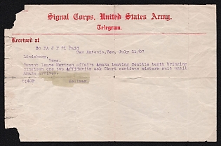 1907 (31 Jul) United States, San Antonio, Texas, Military Post, Signal Corps, United States Army, Telegram