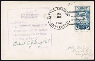 1934 (30 Jan) United States, Byrd Antarctic Expedition II, Commemorative Postcard from New York (United States) to Little America (Exploration Base in Antarctica), franked with 3c tied by Wavy Line Cancellation, Violet Cachet with Signature