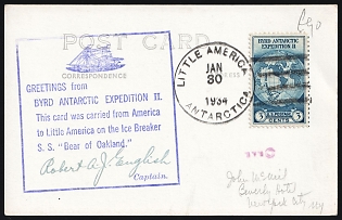 1934 (30 Jan) United States, Byrd Antarctic Expedition II, Commemorative Postcard from New York (United States) to Little America (Exploration Base in Antarctica), franked with 3c tied by Wavy Line Cancellation, Violet Cachet with Signature