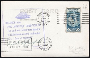 1934 (31 Jan) United States, Byrd Antarctic Expedition II, Commemorative Postcard from from New York (United States) via Little America (Exploration Base in Antarctica) to San Francisco (United States), franked with 3c tied by Wavy Line Cancellation, Violet Cachet with Signature