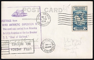 1934 (31 Jan) United States, Byrd Antarctic Expedition II, Commemorative Postcard from New York (United States) via Little America (Exploration Base in Antarctica) to San Francisco (United States), franked with 3c tied by Wavy Line Cancellation, Violet Cachet with Signature