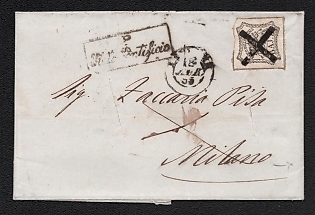 1855 13 (Apr) Italy, Cover from Ferrara to Milan, franked with 8b (with black cross mute), Disinfection cuts, and on the back stamp 'Ferrara clean outside and inside.'