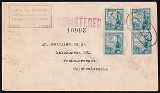 1934 (28 Feb) United States, International Registered Cover from Riverside (United States) to Praha (Czechoslovakia, now Czech Republic), franked with 2 x Vertical Pairs of 5c tied by '0' Cancellation