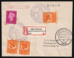 1948 (23 Aug) Netherlands, 'First Congress of the World Council of Churches', Registered Cover from Amsterdam to Hague franked with 3 x 2.5c and 10c, Commemorative Postmarks