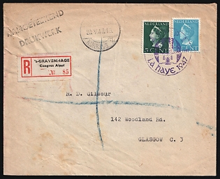 1947 (28 May) Netherlands, 'International Association for the Protection of Intellectual Property', Registered Cover from Hague to Glasgow (Scotland) franked with 5c and 15c, Commemorative Postmark