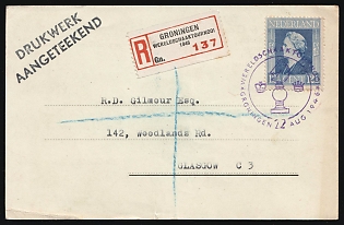 1946 (22 Aug) Netherlands, 'World Chess Tournament', Registered Postcard from Groningen to Glasgow (Scotland) franked with 12.5c, Commemorative Postmark