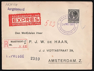 1933 (24 May) Netherlands, Express Registered Cover from Maastricht to Amsterdam franked with 60c