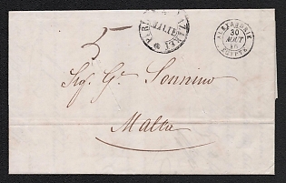 1846 (30 Aug) Commercial Cover from Alexandria (Egypt) to Malta, Entire Letter with 'Purifie Du Lazaret' Cancellation and blue oval Privat Cancellation on the backside