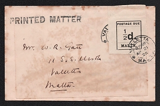 1925 (21 Apr) Valletta (Malta) Cover franked with 1/2d Postage Due Stamp, black handstamp 'Printed Matter'
