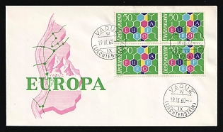1960 (19 Sep) 'Europa CEPT', Liechtenstein, First Day Cover used in Vaduz (Liechtenstein), franked with a Block of Four Complete Set of 50rp