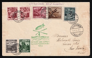 1932 (10 Sep) Liechtenstein, 'The Airship 'Graf Zeppelin', 6th Flight to South America', Graf Zeppelin Airship Cover from Triesenberg (Liechtenstein) via Friedrichshafen (Bodensee, Germany) to Sao Paulo (Brazil) Mixed franking with Pair 3rp, 5rp, 50rp, 20rp, 25rp, 1fr