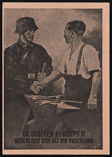 1941 Netherlands, 'The Waffen-SS is calling you. Defend your homeland too' Recruitment Nazi Propaganda Postcard with Antisemitic Propaganda Stamp, Mint