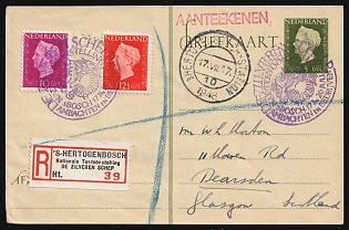 1948 (17 Jul) Netherlands, 'National Exhibition 'The Silver Shovel'', 5c Registered Postal Stationery Postcard from Den Bosch to Glasgow (Scotland) franked with 10c and 12.5c, Commemorative Postmark