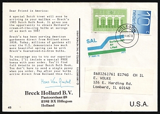 1985 (17 Jun) Netherlands, Commercial Postcard of Garden Supply Company 'Breck’s Holland' from Hillegom to Lombard (USA) franked with 10c and 70c