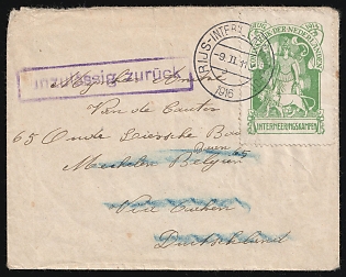1916 (9 Feb) Netherlands, Military Mail, Returned Cover from Internment Soldier via Guben (Germany) to Mechelen (Belgium) franked with Postage-Free Stamps for Belgian Prisoners of War