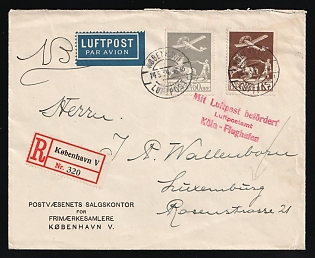 1934 (14 May) Denmark, Registered Airmail Cover from Copenhagen (Denmark) via Airmail office Cologne Airport to Luxembourg, franked with Complete Set of 50øre-1Kr