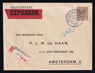 1930 (1 Feb) Netherlands, Registered Express Cover locally addressed in Amsterdam, franked with 40c
