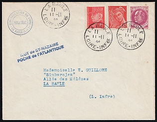 1944 (11 Nov) St. Nazaire, German Occupation of France, The Philatelic Department of the Company 'LA CENTRALISATION DU LIVRE', Cover locally addressed in La-Baule (La Baule-Escoublac), franked with France 1fr, 20c, 30c