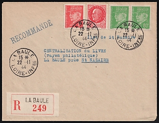 1944 (22 Nov) St. Nazaire, German Occupation of France, The Philatelic Department of the Company 'LA CENTRALISATION DU LIVRE', Commercial Recommended Registered Cover locally addressed in La-Baule (La Baule-Escoublac), franked with France 80c, 1fr, Pair 2.4fr