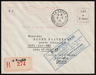 1945 (8 Jan) St. Nazaire, German Occupation of France, Registered Cover from La-Baule (La Baule-Escoublac) to Batz-sur-Mer, 'January 8, 1945 – First day of machine postage – Post Office Administration – Occupied region known as Saint-Nazaire – Atlantic Pocket' Blue Handstamp