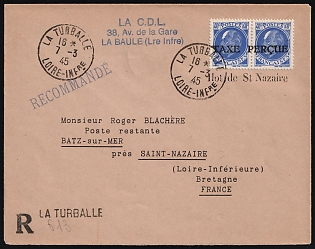 1945 (7 Mar) St. Nazaire, German Occupation of France, The Philatelic Department of the Company 'LA CENTRALISATION DU LIVRE', Recommended Registered Cover from La Turballe to Batz-sur-Mer, franked with Pair 40c