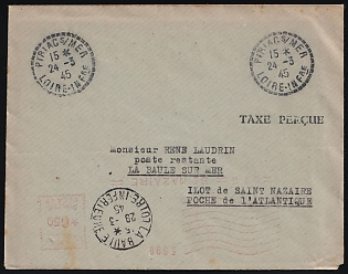 1945 (24 Mar) St. Nazaire, German Occupation of France, The Philatelic Department of the Company 'LA CENTRALISATION DU LIVRE', Cover from Piriac-sur-Mer to La-Baule (La Baule-Escoublac), machine franking
