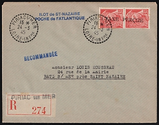 1945 (24 Mar) St. Nazaire, German Occupation of France, The Philatelic Department of the Company 'LA CENTRALISATION DU LIVRE', Recommended Registered Cover from Piriac-sur-Mer to Batz-sur-Mer, franked with Pair 30c