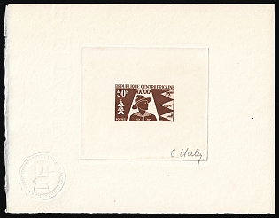 1965 50f, Central African Republic, Master Die Proof Sheetlet, Reddish brown, Imperforate, Signature