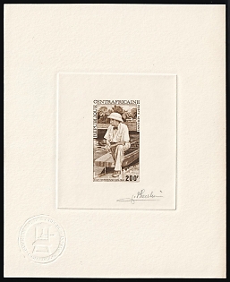 1975 200f, Central African Republic, Airmail, Master Die Proof Sheetlet, Brown, Imperforate, Signature