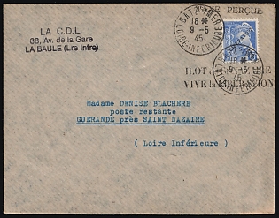 1945 (9 May) St. Nazaire, German Occupation of France, 'Long Live Liberation!', The Philatelic Department of the Company 'LA CENTRALISATION DU LIVRE', Cover from Batz-sur-Mer to Guerande, franked with 10c with 'LIBERATION' Overprint