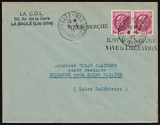1945 (9 May) St. Nazaire, German Occupation of France, 'Long Live Liberation!', The Philatelic Department of the Company 'LA CENTRALISATION DU LIVRE', Cover from Batz-sur-Mer to Guerande, franked with Pair 20c with 'LIBERATION' Overprint
