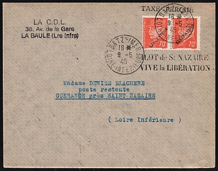 1945 (9 May) St. Nazaire, German Occupation of France, 'Long Live Liberation!', The Philatelic Department of the Company 'LA CENTRALISATION DU LIVRE', Cover from Batz-sur-Mer to Guerande, franked with Pair 70c with 'LIBERATION' Overprint