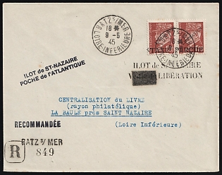 1945 (9 May) St. Nazaire, German Occupation of France, 'Long Live Liberation!', The Philatelic Department of the Company 'LA CENTRALISATION DU LIVRE', Commercial Recommended Registered Cover from Batz-sur-Mer to La Baule (La Baule-Escoublac), franked with Pair 1.50fr with 'LIBERATION' Overprint