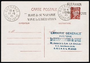 1945 (11 May) 1.20fr St. Nazaire, German Occupation of France, 'Long Live Liberation!', The Philatelic Department of the Company 'LA CENTRALISATION DU LIVRE', Commercial Postal Stationery Postcard from Guerande to La-Baule (La Baule-Escoublac)