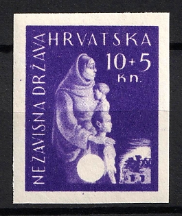 1943 10k+5k Croatia, NDH, Proof, Imperforate, Missing Red Color